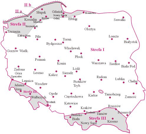 Dodatek projektowy - charakterystyka stref wiatrowych Na terenie Polski wyróżnia się 3 strefy obciążenia wiatrem: STREFA I - przeważająca część kraju STREFA II - pas pomorski na północy od linii