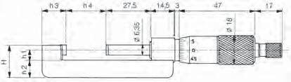 147-301 Nr Zakres Dokładność H mm h1 mm h2 mm h3 mm h4 mm Waga g Cena 147-301 0-25 mm ±2 μm 17,5 6 8,5 13,5 0 135 237,00 147-302 25-50 mm ±2 μm 20,5 6,5 11 14 25 150 255,00 147-303 50-75 mm ±2 μm