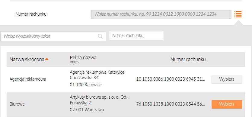 korzystając z listy rozwijanej kliknij w ikonę strzałki z prawej strony pola, by rozwinąć listę zapisanych w firmie pozycji, rachunków