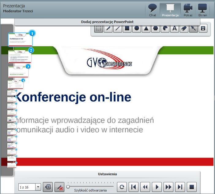 W dolnej części okna masz pasek z przyciskami do nawigacji po prezentacji i dostęp do narzędzia rysowanie. O rysowaniu powiemy sobie odrębnie ale możesz pobawić się nim bez dodatkowych instrukcji.