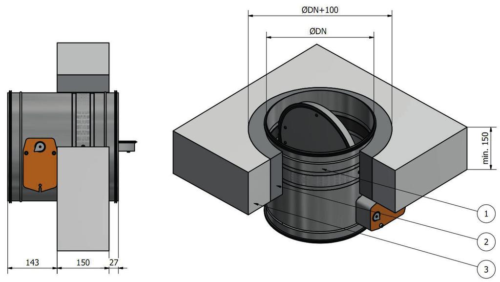 Technical documentation (1) FDA-12-M fire damper; (2) Concrete, mortar, fire-resistant gypsum; (3) Concrete ceiling; Fig. 10 Assembly of the FDA-12-M damper in the concrete ceiling.