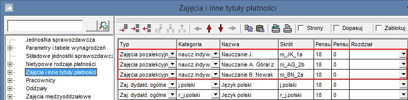 opisujące zajęcia poszczególnych uczniów (o kategorii nauczanie indywidualne), np. nauczanie indywidualne Jasia Kowalskiego z 1a.