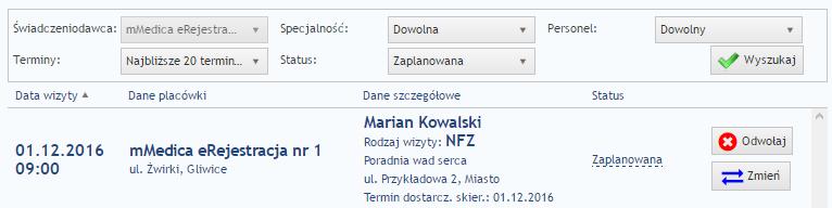 Rezerwacja do odwołania Zmiana terminu rezerwacji Aby zmienić termin rezerwacji, należy znaleźć termin w Moje rezerwacje, oraz nacisnąć przycisk Zmień przy danym terminie.