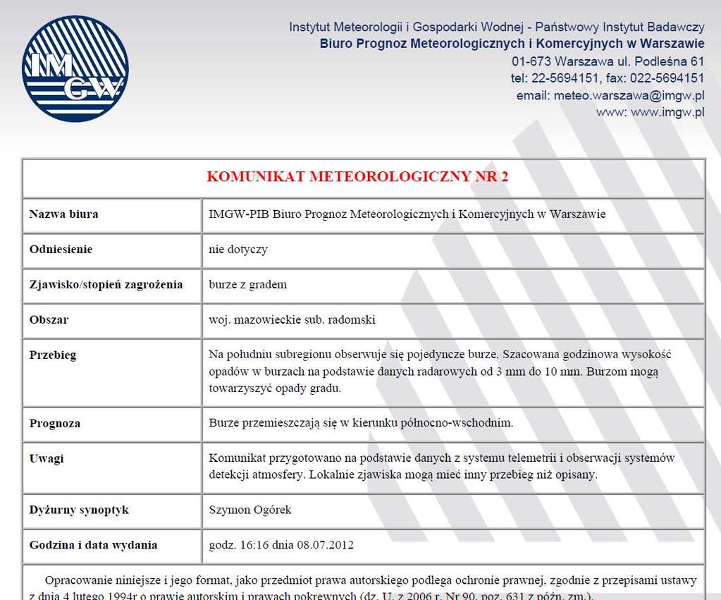 OstrzeŜenia meteorologiczne regulamin i