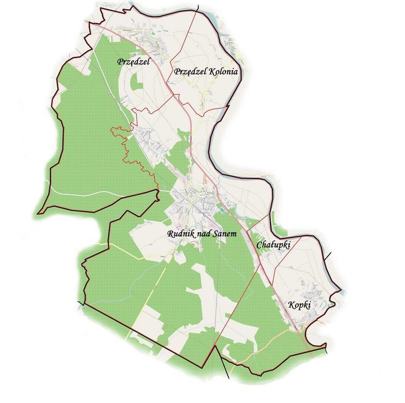 W centrum gminy leży miasto Rudnik nad Sanem, główny ośrodek administracyjny, kulturalny, gospodarczy i społeczny gminy, stanowiący 46% powierzchni całej gminy.