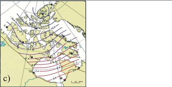 2 C), a najniższe na północ od linii łączącej stacje Sachs Harbour i Clyde z minimalną wartością 19.4 C na stacji Eureka. Ryc. 2.