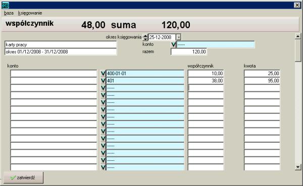 4.1 Karty pracy 71 Rysunek 4.5: Rozliczanie współczynnikiem wybrać analizowane konto i wpisać jego saldo, co spowoduje rozłożenie godzin pracy proporcjonalnie na wpisane konto. 4.1.2 Wydruki Suma godzin Zbiorcze zestawienie godzin wykonuje się w opcji suma godzin.