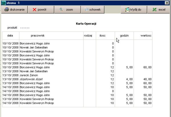 4.1 Karty pracy 74 Historia operacji Ilość przepracowanych godzin przez poszczególnych pracowników przy danym produkcie jest dostępna również w opcji historia - karta operacji.