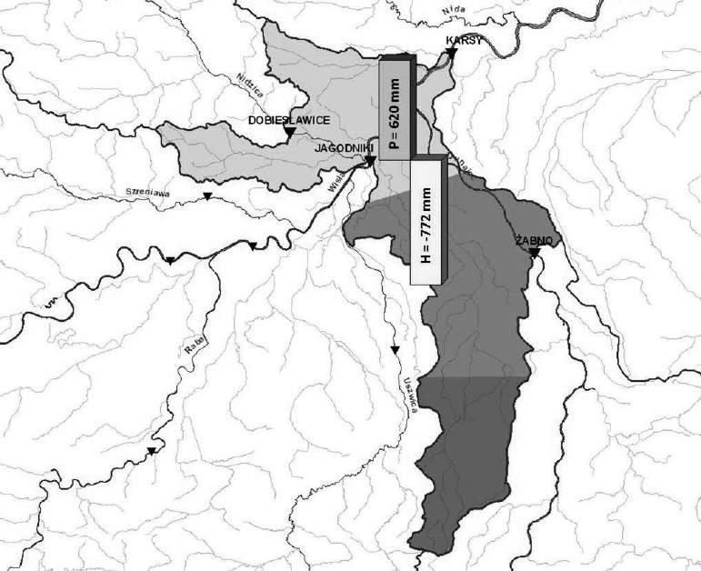 Modyfikacja procedury kontroli... 209 Rys. 5. Prezentacja wyników bilansu obarczonych błędem. Zlewnia różnicowa węzła Wisły z Nidzicą i Dunajcem Fig. 5. Presentation of water balance results with errors in runoff assessments.