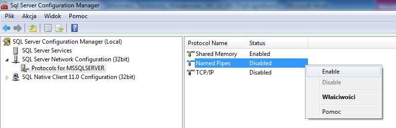 Konfiguracja protokołów wykorzystywanych w Microsoft SQL Server W programie SQL Server Configuration Manager po lewej stronie należy rozwinąć SQL Server Configuration Manager (Local), potem SQL