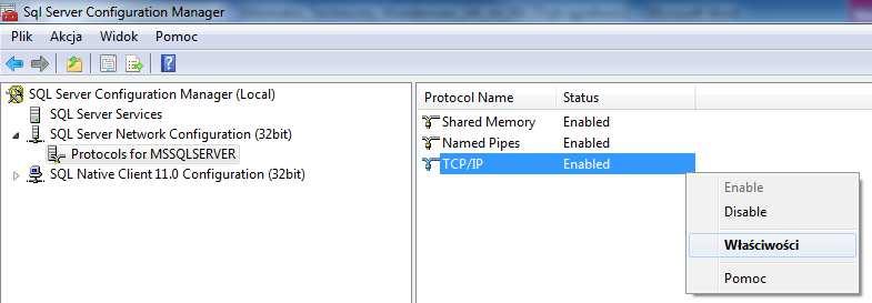 W kolejnym kroku należy zaznaczyć TCP/IP, kliknąć prawym przyciskiem myszy i wybrać opcję Właściwości.