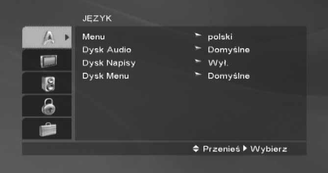 Aby przejść do poprzedniego poziomu: przycisk na pilocie. Sposób wybierania ustawień przycisk SETUP. Zostanie wyświetlone menu ustawień.