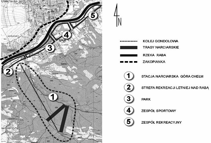 Diagram showing the situation of Myślenice against Kraków Metropolitan Area (by the Author, 2007)