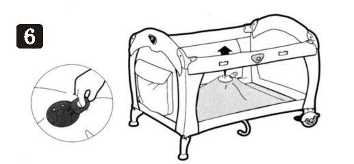 Przeciągnij środkową taśmę (typu rzep) przez otwór w podłodze łóżeczka i odpowiednio zapnij. Powtórz z drugiej strony.