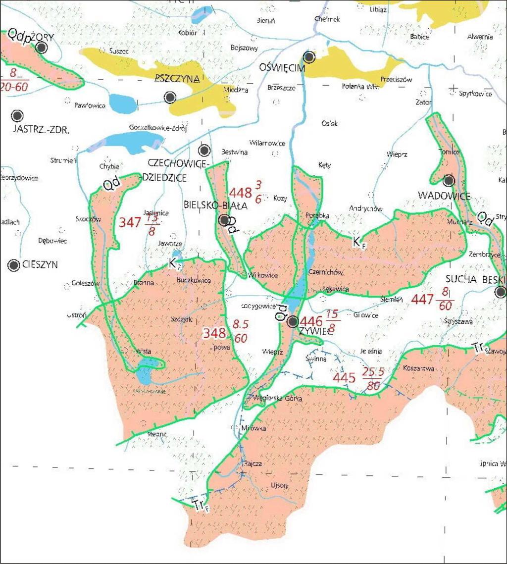 Ryc. 2.1.1. Mapa obszarów głównych zbiorników wód podziemnych (GZWP) w rejonie Brennej (wg. Kleczkowski red. 1990) Szacunkowe zasoby dyspozycyjne GZWP nr 348 (Godula) wynoszą 8,5 tys.