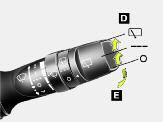 Sterowanie wycieraczką/spryskiwaczem tylnej szyby Ciągły cykl pracy --- Cykl przerywany o Wyłączone E : Mycie z krótkotrwałą pracą wycieraczki (tylnej)* * : opcja Wycieraczki przedniej szyby działają