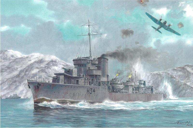 NR 18, karta pocztowa, Adam Werka. 7 września 1939 r. ORP "Jaskółka" odpiera atak lotniczy Ju-87. Okręt w służbie od 1935 r., zatopiony 14 września 1939 r.