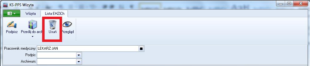 Dokumenty zapisane a liście Elektroniczne Historie Zdrowia i Choroby pacjenta, które nie zostały podpisane można usunąć z listy klawiszem F8 Usuń.