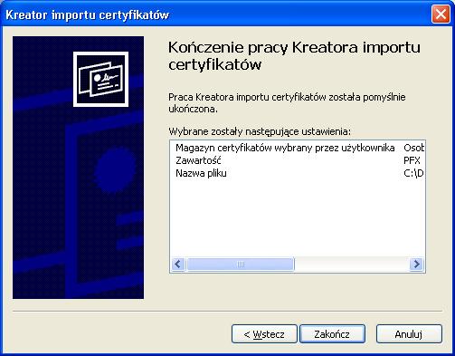 określonymi przez nas danymi związanymi z importem certyfikatu.