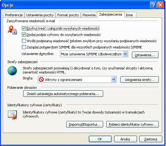 Wybieramy zakładkę Zabezpieczenia, a następnie w części Zaszyfrowana wiadomość e-mail możemy zaznaczyć opcje: - Szyfruj treść i załączniki wysyłanych wiadomości - Dodaj podpis cyfrowy do wysyłanych