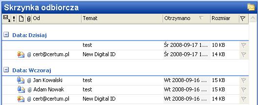 Odbieranie wiadomości podpisanych i/lub zaszyfrowanych Jeżeli otrzymamy wiadomość, która została elektronicznie podpisana, program Outlook 2003 automatycznie oznaczy tę wiadomość w naszej Skrzynce