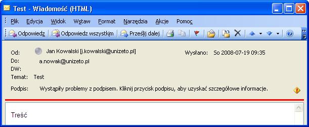 Rysunek 81: Wyświetlenie treści wiadomości z nieprawidłowym podpisem cyfrowym Treść wiadomości można wyświetlić klikając przycisk Wyświetl wiadomość, należy jednak wziąć pod uwagę, że naruszone