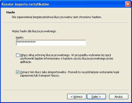 Naciskamy Dalej, a następnie podajemy hasło, którym zabezpieczony jest klucz prywatny.