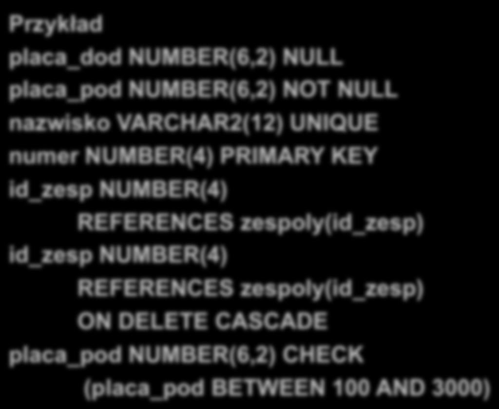 table TEST(tekst varchar2(10)); into TEST values(null); into TEST values(''); count(*) from TEST where tekst is null; COUNT(*) -------2 CHAR ciąg znaków kodowany zestawem znaków domyślnym dla bazy,