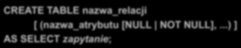 Oracle12c dostępna klauzula DEFAULT ON NULL: CREATE TABLE przedmioty ( id_przedmiotu NUMBER(2) CONSTRAINT id_przedmiotu_pk PRIMARY KEY, nazwa VARCHAR2(15) NOT NULL UNIQUE); CREATE TABLE test(id