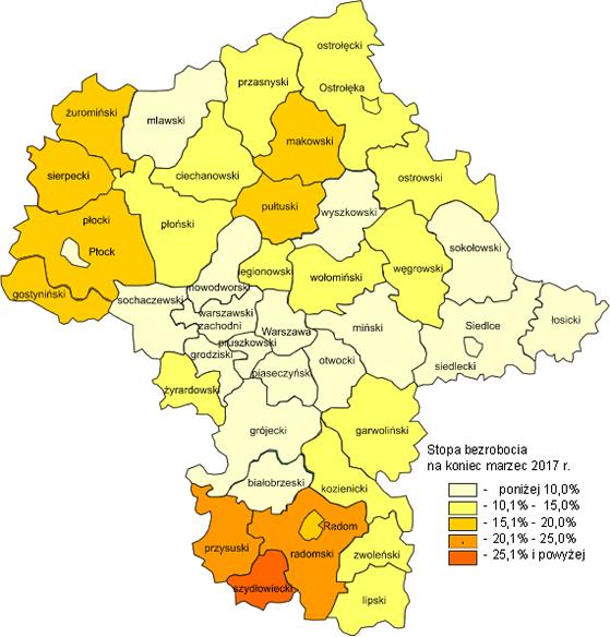 Rysunek 1 Stopa bezrobocia na koniec marca Źródło: opracowanie GUS Bezrobotni oraz stopa bezrobocia według województw, podregionów i powiatów marzec Spadek stopy bezrobocia odnotowano w 40 powiatach,