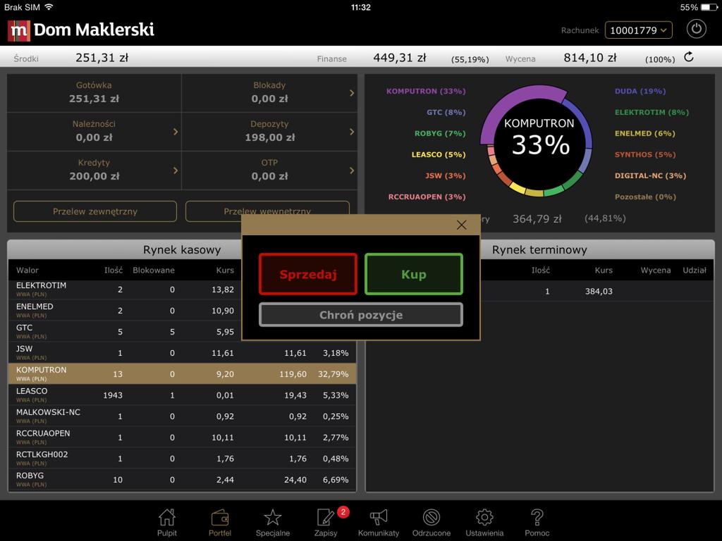 Składanie Zlecenia ochronnego w aplikacji mdm for Tablet/iPad Aby złożyć zlecenie należy po zalogowaniu wybrać ekran Portfel, wskazać i przytrzymać wybrany papier i wybrać z menu Chroń pozycję.