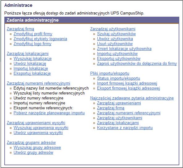 Wprowadzenie (ciąg dalszy) Jako administrator UPS CampusShip możesz mieć uprawnienia na poziomie firmy (administrator firmy) albo uprawnienia dotyczące danej placówki (administrator placówki).