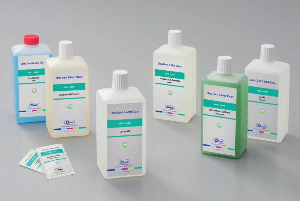 Elma Dent & Med Clean Chemia czyszcząca stworzona do czyszczenia ultradźwiękowego w stomatologii Program czyszczący Elma Clean w połączeniu z urządzeniami ultradźwiękowymi Elmasonic gwarantuje