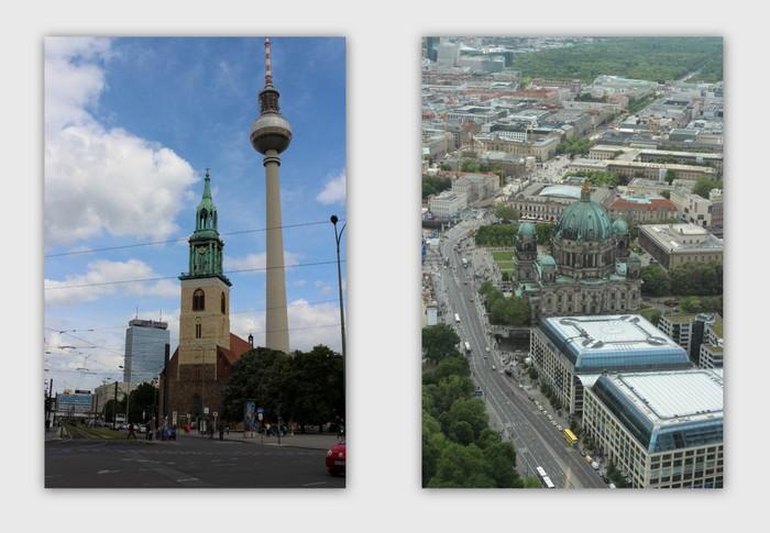 Widok z ulicy Karl-Liebknecht-Strasse na wieżę telewizyjną. Widok z wieży tv na Karl-Liebknecht-Strasse. W oddali Katedra Berlińska na Wyspie Muzeów. Obok, po prawej stronie Stare Muzeum.