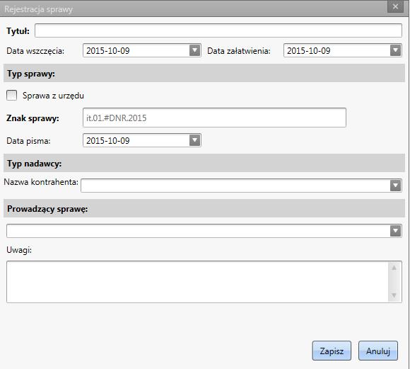 W celu rejestracji nowej sprawy należy podać jej tytułu oraz daty wszczęcia i załatwienia sprawy.