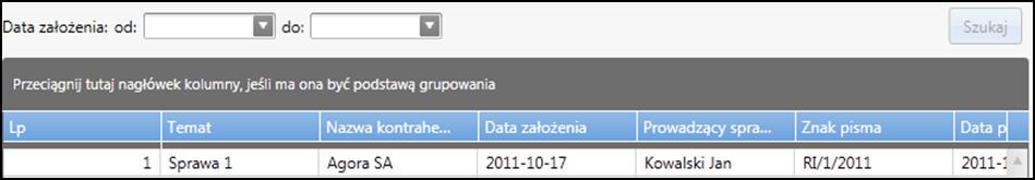 Wyszukiwanie sprawy Aby wyszukać sprawę w rejestrze należy w pierwszej kolejności wskazać właściwą sprawę poprzez kliknięcie na nią w zakładce Spis spraw, a następnie wybrać przycisk Szukaj.