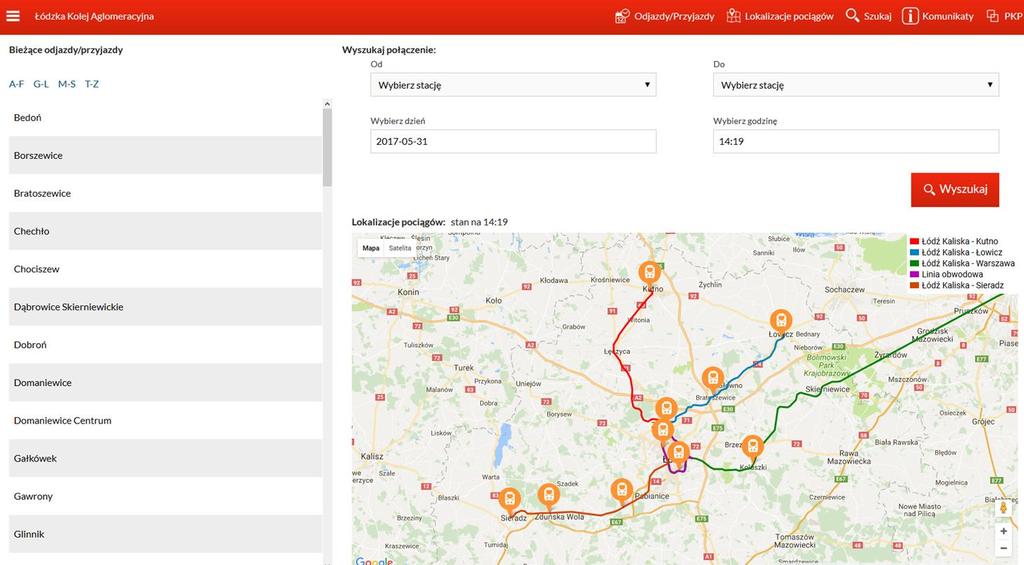 InfoPortal pasażera ŁKA Główne funkcjonalności portalu: Śledzenie pociągów w czasie rzeczywistym, Możliwość sprawdzenia biegu pociągu w czytelnej postaci, Informacje o opóźnieniach, zdarzeniach na