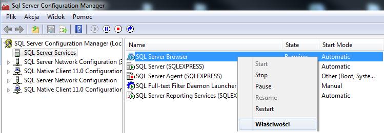 restartu usługi (3) Dodatkowo upewnij się, że usługa: SQL Server Browser jest uruchomiona.