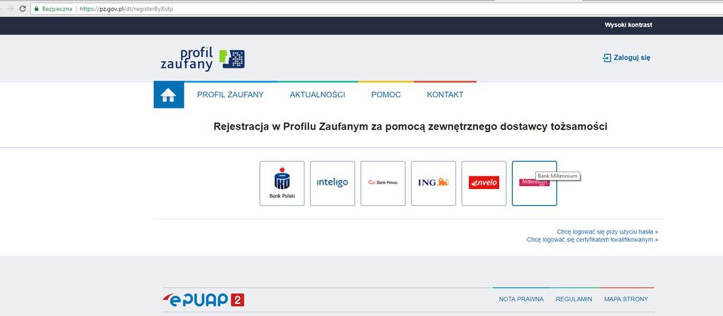 Po wybraniu ikonki Załóż Profil Zaufany onl-line zostaniemy przekierowani na stronę: https://pz.gov.