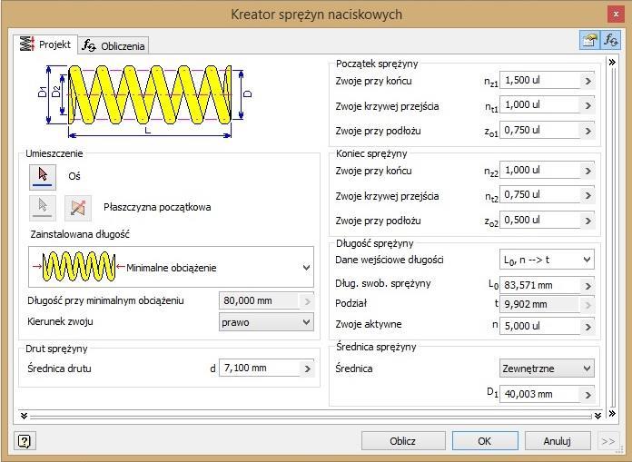 sprężyny obciążonej oznaczono jako: Lobc. Po uwzględnieniu (10) w (9): S amin = 0,033(w 1) d n S amin = 0,033(8,083 1) 3,6 4,5 = 3,78 [mm] 2.10. Długość sprężyny obciążonej Długość sprężyny obciążonej Lobc zgodnie z (9): L obc = S amin + L bl L obc = 3,78 + 21,6 = 25,38[mm] 2.