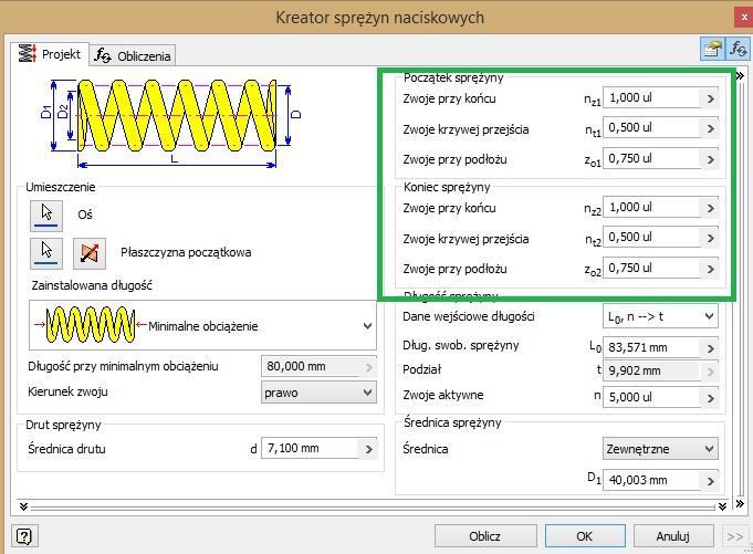 zakończenia typu D. Dlatego też w oknie kreatora zmieniamy parametry początku i końca sprężyny zgodnie z rysunkiem 4 (zielona ramka) Rys. 6.