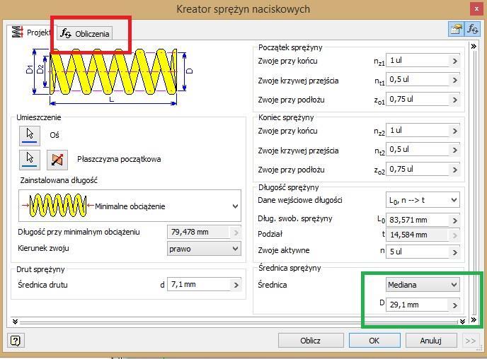 Parametry początku i końca sprężyny W otwartej zakładce Projekt (rysunek 7) wprowadzamy Długość przy minimalnym obciążeniu (zielona ramka).