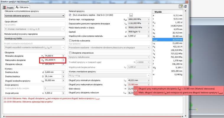 Siła obciążenia: F obc = R (L 0 L obc ) F obc = 14,86 (50 23,58) = 392,6 [N] I oraz naprężnia obciążenia (15) τ obc = π d 2 F obc τ obc = 8 8,083 1,1699 392,6 = 725 [MPa] (13 ) (15 ) Naprężenia