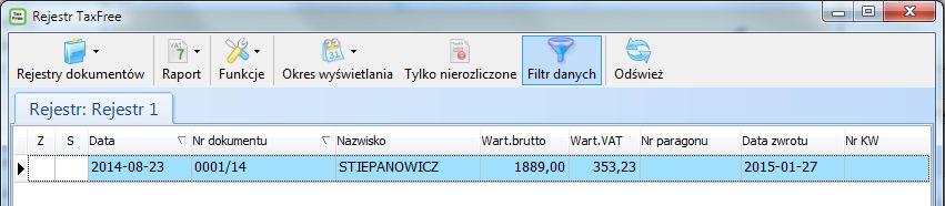 Program kontroluje poprawność daty zwrotu podatku. Rejestr dokumentów Program zapisuje wszystkie wystawione dokumenty do odpowiednich rejestrów przypisanych do stanowisk.