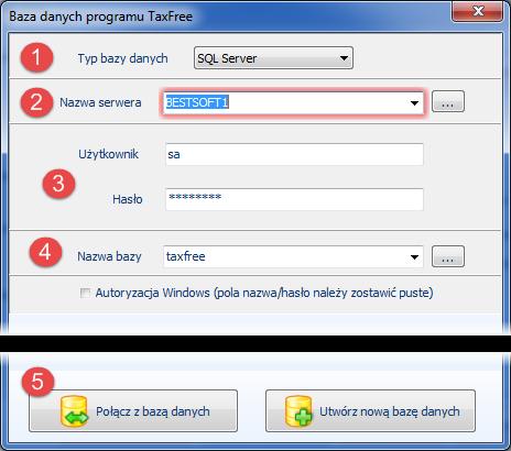 Podłączenie do bazy SQLServer Ten rodzaj bazy danych warto wybrać w przypadku gdy program TaxFree współpracuje z programem sprzedażowym opartym o SQL Server.