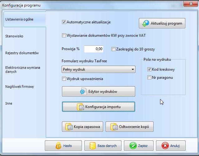 Konfiguracja programu Dostęp do konfiguracji jest możliwy dopiero po podłączeniu lub utworzeniu bazy danych programu.