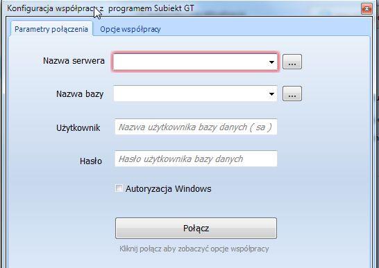 Konfiguracja importu danych z programu obsługi sprzedaży W przypadku pracy z programami, opartymi o serwery SQL w oknie konfiguracji musimy podać dane do zalogowania się do bazy danych programu ( nie