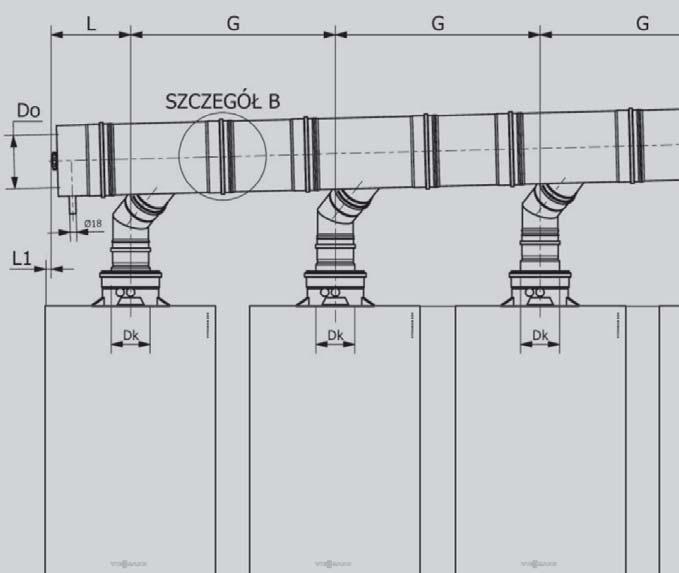 kotłów 4 45 kw lub 4 60 kw 4 80 kw lub 4 100 kw 4 125 kw lub 4 150 kw Przyłącze spalin kotła Dk mm 80 110 110 Odstęp pomiędzy przyłączami G mm 580