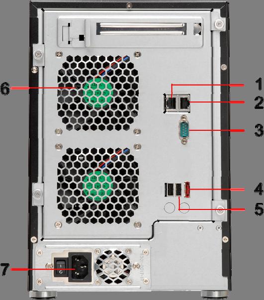 ESC 13.Wyświetlacz LCD Wyświetla aktualne parametry systemu oraz wiadomości z ostrzeżeniami. 14. Szuflady HDD 7 szuflad montażowych dla dysków twardych.