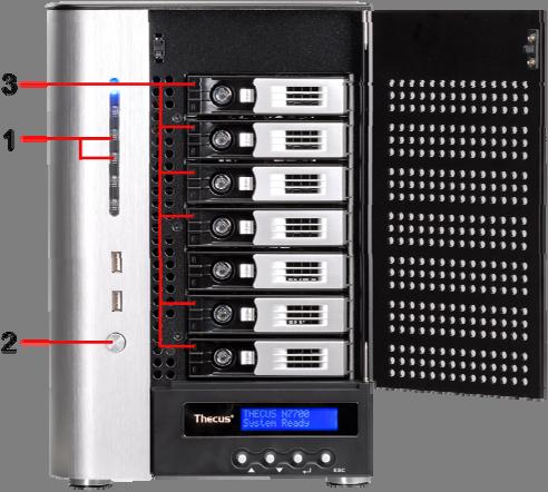 Sprawdzanie statusu systemu Po podłączeniu przewodu zasilającego oraz kabli sieciowych do urządzenia Thecus N7700 / N7700PRO należy uruchomić urządzenie włącznikiem zasilania znajdującym się na